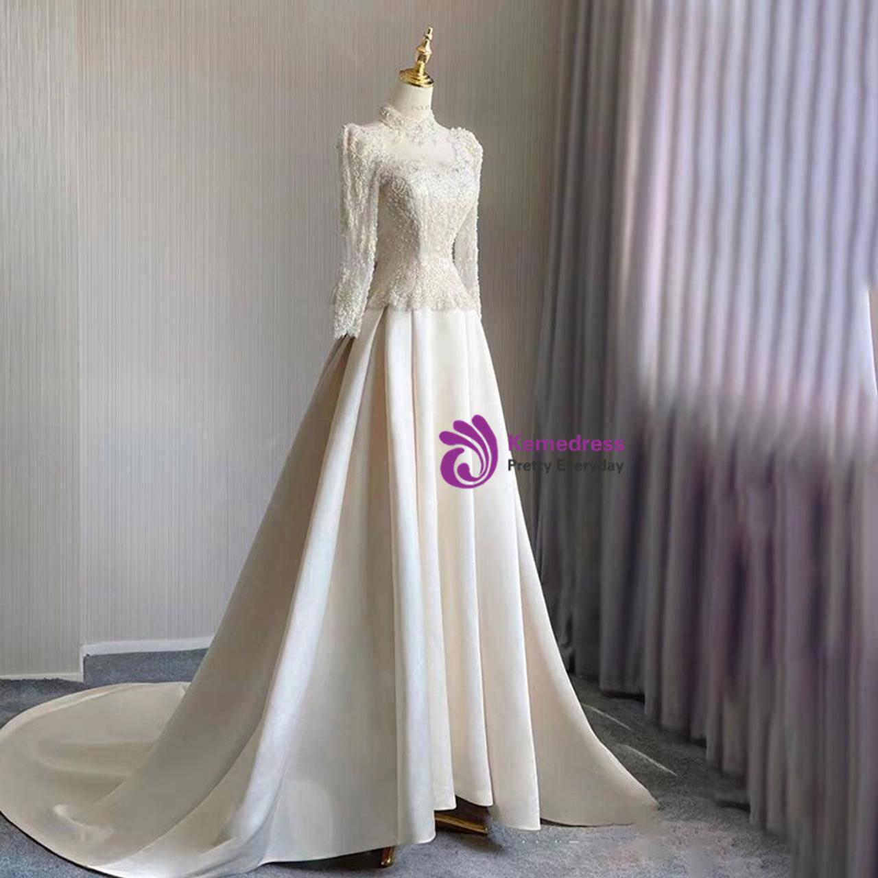 Wedding gown sleeve long dress ball mikado bridal dramatic fashion