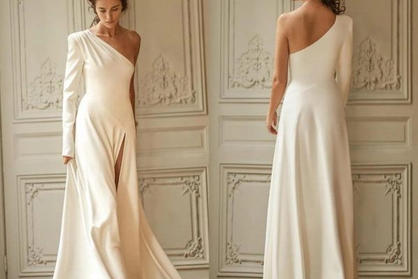 Long sleeve one shoulder wedding dress